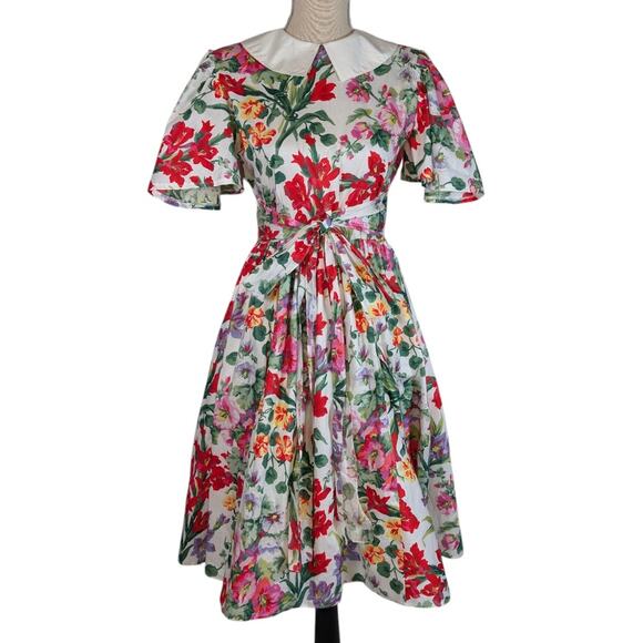 American Vintage Dresses & Skirts - Vintage 80s Floral Cotton Dress Peter Pan Collar Cottagecore Midi
